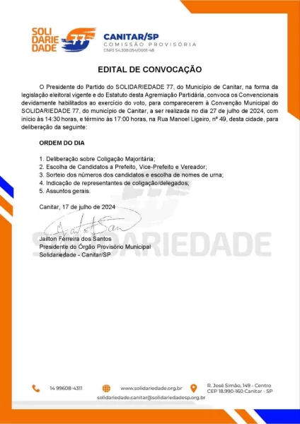 Edital de Convocação para Convenção Municipal do Partido Solidariedade em Canitar