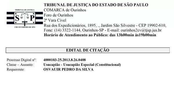 Edital de Citação – 2ª Vara Cível de Ourinhos – 09/04/2024