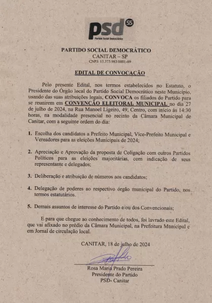 Edital de Convocação para Convenção Municipal do PSD em Canitar